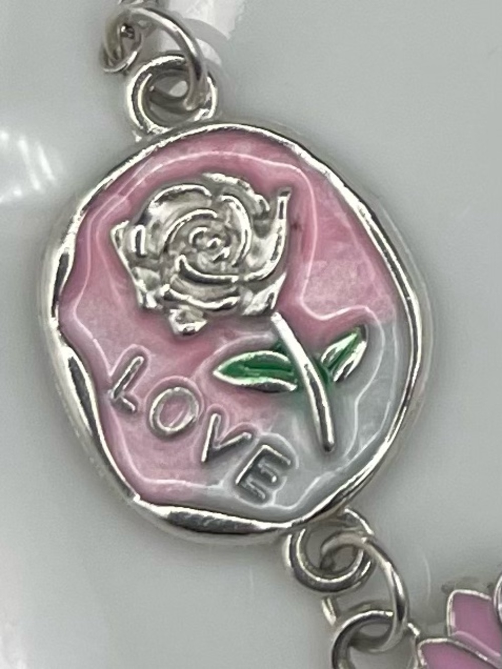 NWOT Pink Enamel Rose Flower Charm Bracelet 7” + 2” extender